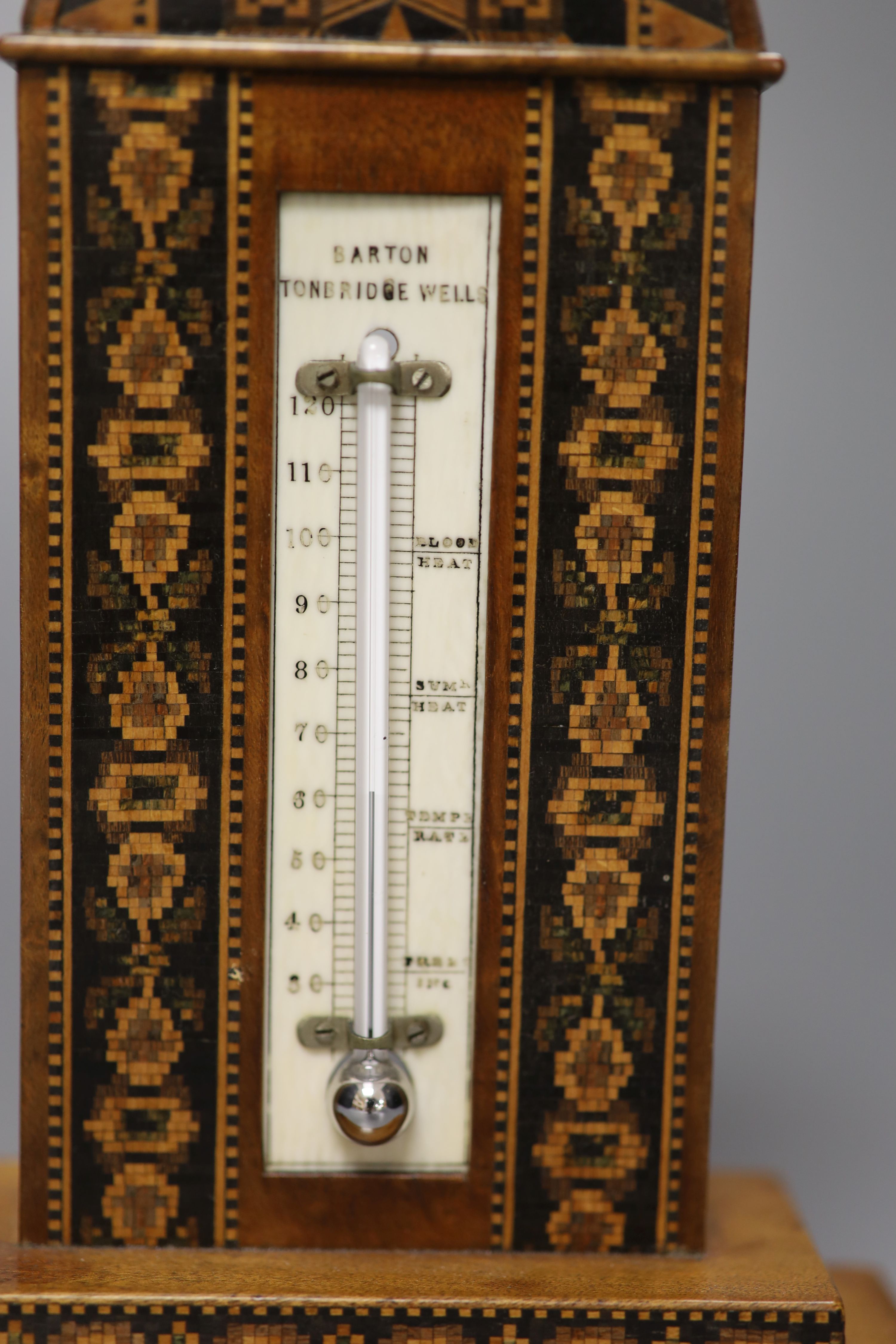 A Tunbridge Ware walnut desk thermometer, the ivory scale signed Barton Tonbridge [sic] Wells, H 16cm W 10.5cm